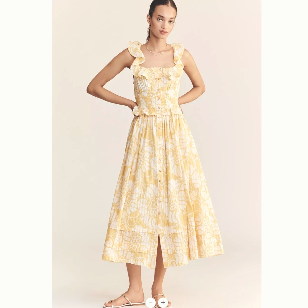 Pilcro White and Yellow Ruffled Smocked-Waist Button-Front Midi Dress Size M
